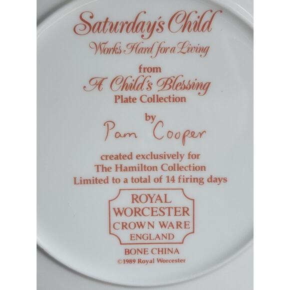 A Child's Blessing Plate By Pam Cooper Royal Worcester Saturday's Child & COA - Picture 9 of 9